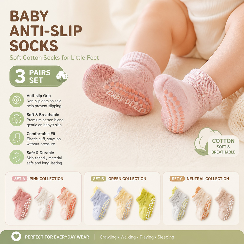 Unisex Baby Socks Non Slip - Zestaw 3 par skarpetek antypoślizgowych dla
